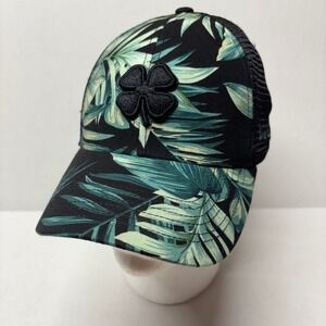 Black Clover Mens Trucker Hat OSFM Black Green Tropical Palm Live Lucky Snapback